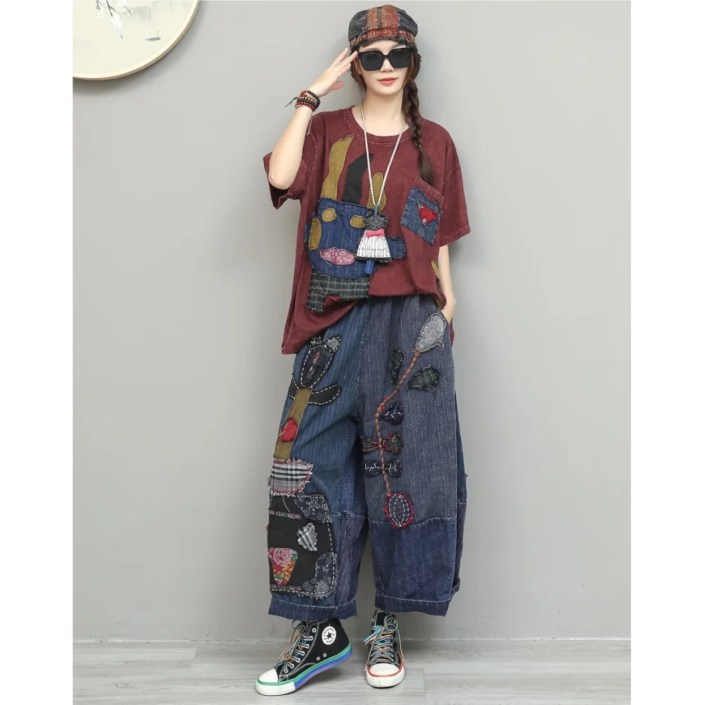 Distressed Patchwork Short-sleeve T-shirt + Loose Hand-embroidered Wide-leg Pant Two Piece Set Women Summer Pant Set LX5771