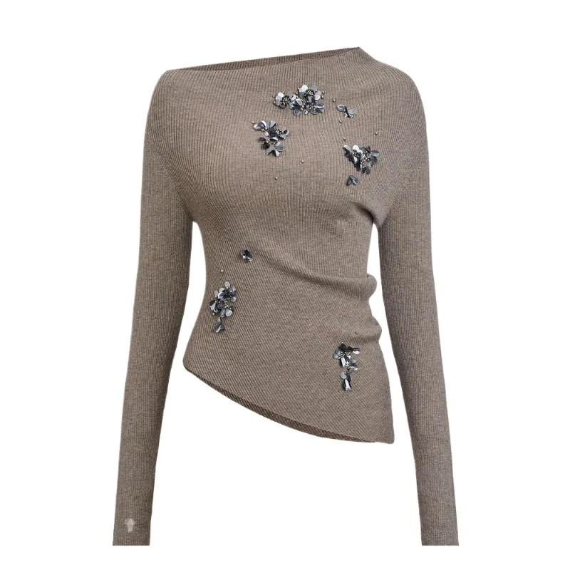 

Autumn Sequined Beaded Flowers Off The Shoulder Long- Sleeved Irregular Knitted Sweater Oblique Shoulder Women Pullover Top