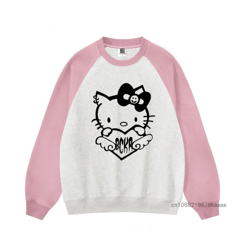 Sanrio Hello Kitty College Style Print Sweater Sweet Soft Y2k Girl Fashion Round Neck Pullovers Women Spring Autumn Casual Top