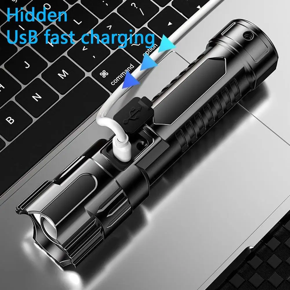 LED High-Power Flashlight Lighting Long Standby Time Camping Retractable Fashlight USB Rechargeable Bright Zoom Spotlight K6Q1