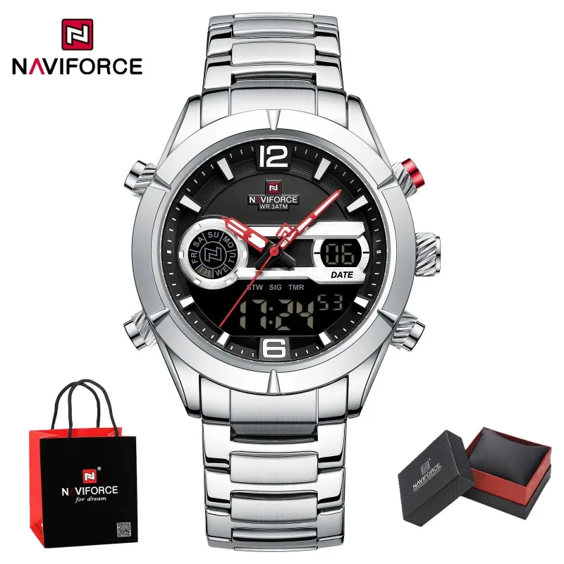

New Style NAVIFORCE Men's Luxury Waterproof Digital Sport Watches Quartz Military Luminous Stainless Steel Strap Package Gifts