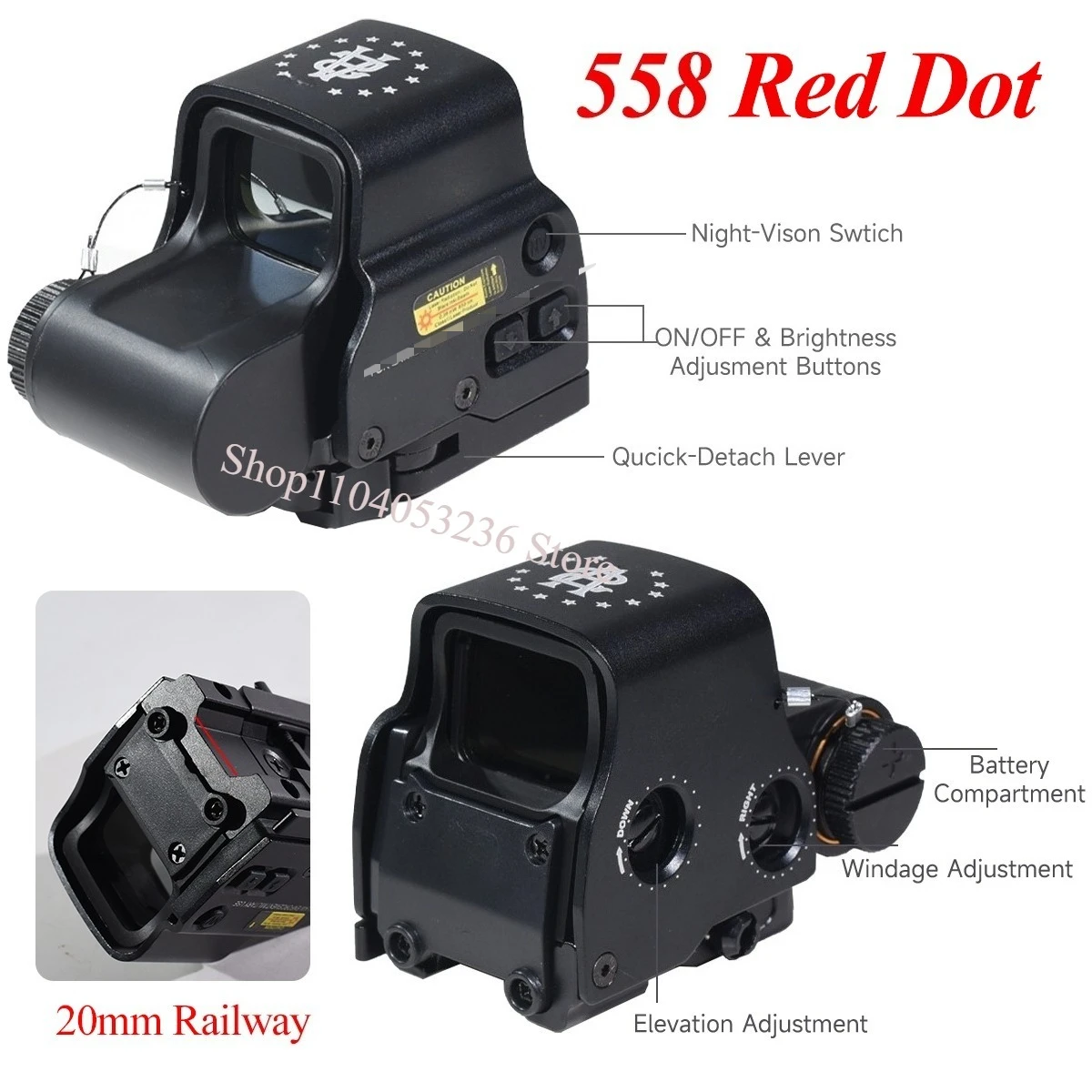 E*T*CH New 558 DC* Holographic Red Green Dot Sight Hunting With G33/G43/G45 3X 5X Magnifier Fit 20mm Rail Mounts & QD Lever