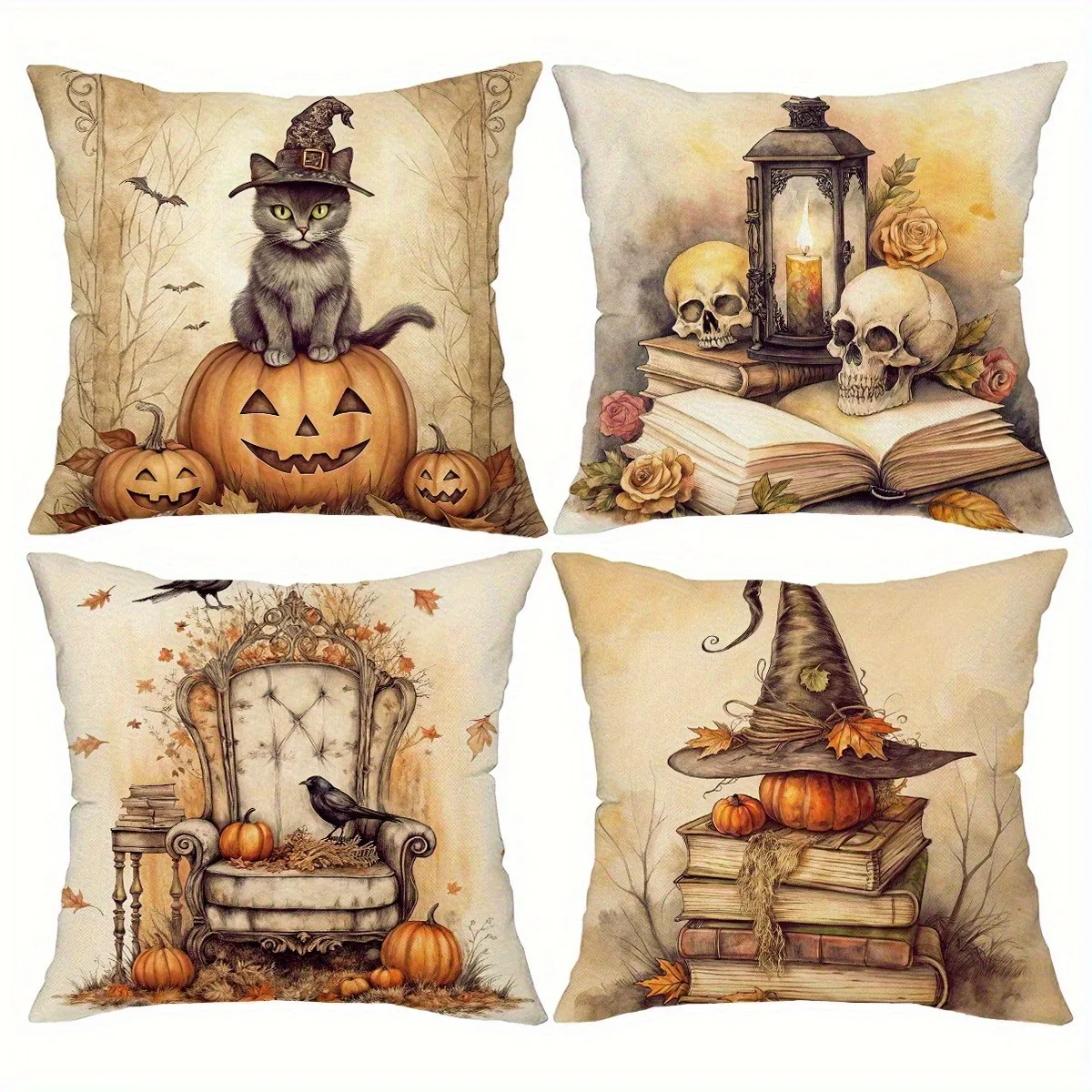 أغطية وسائد الهالوين المخيفة: قطة على اليقطين، جمجمة وفانوس، كرسي وغراب، كتب وقبعة ساحرة، غطاء وسادة أريكة هدية #3