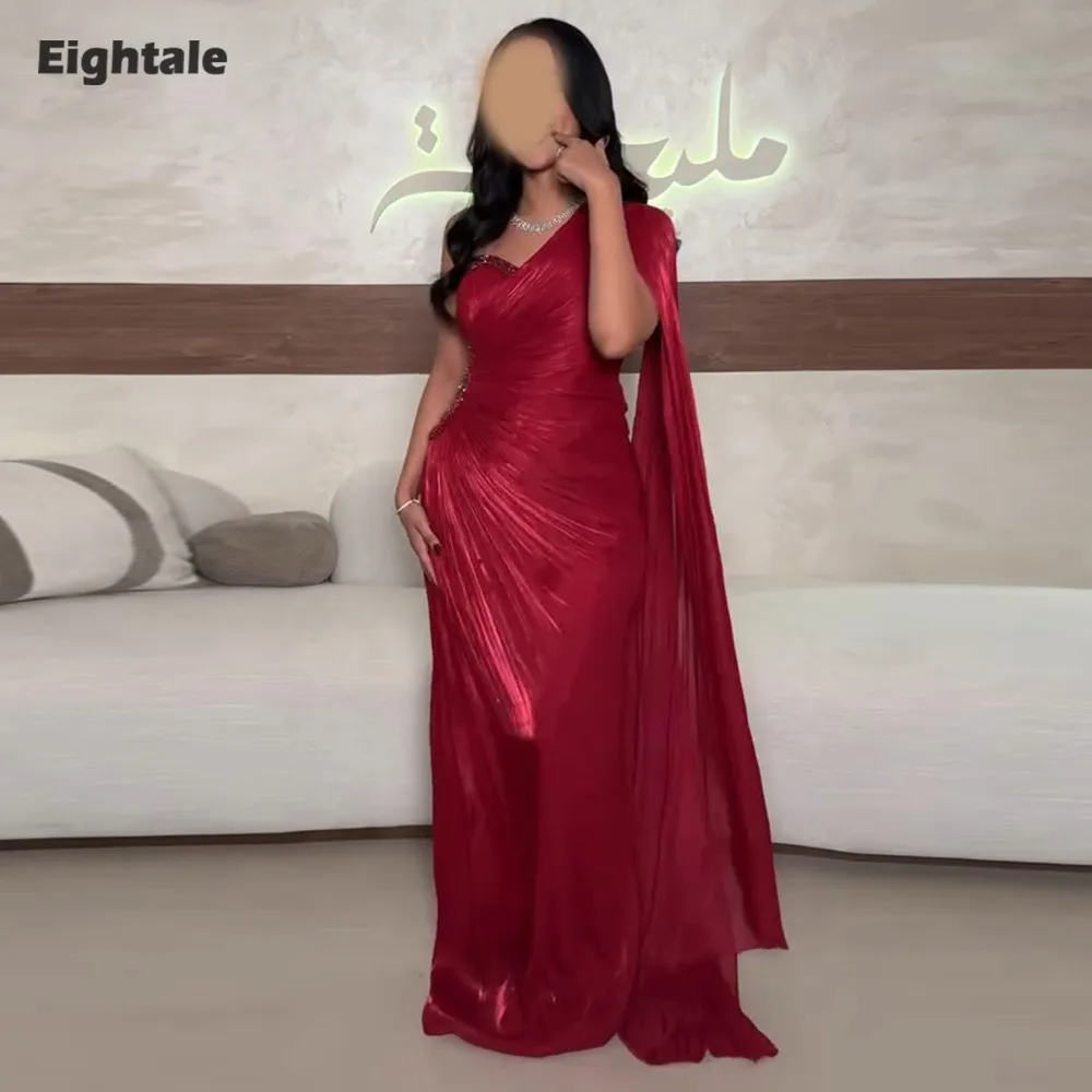 فساتين سهرة Eightale بطيات على شكل قلب طول الأرض مخصصة من الكريب مطرز بأكمام قصيرة للحفلات الراقصة فيستدو دي فييستا