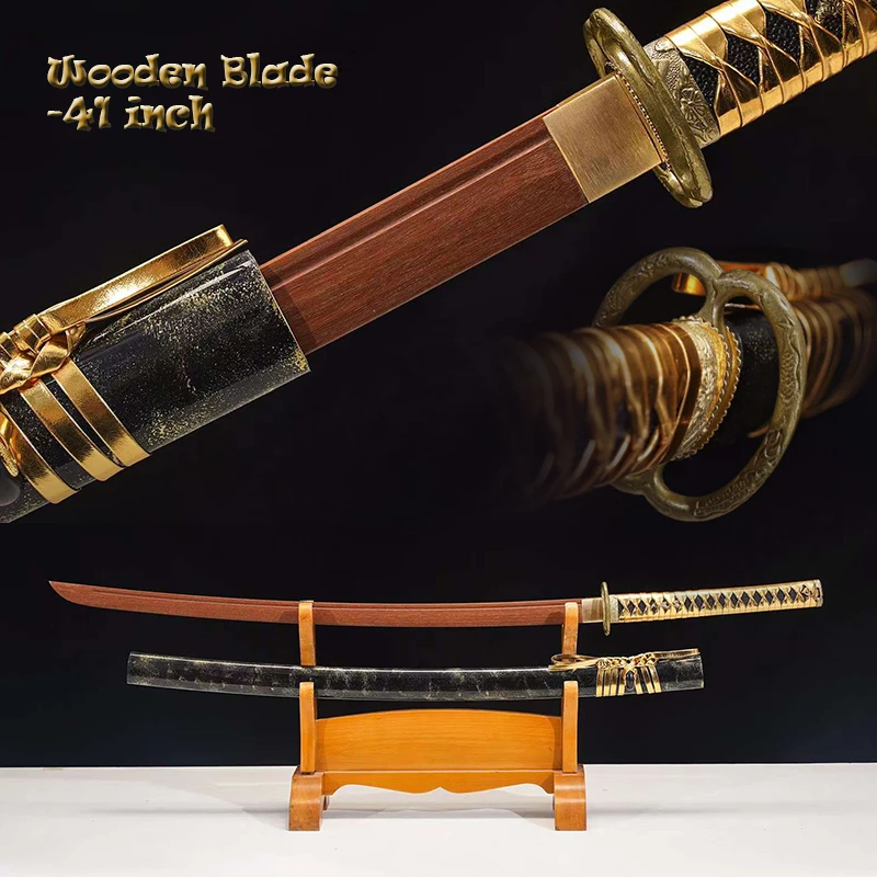 Japanese Samurai Katana, Training Sword, Iaito Bushido Props, Log Rosewood Blade, Dragon Tsuba,Gold Leahter Ito, 40Inch