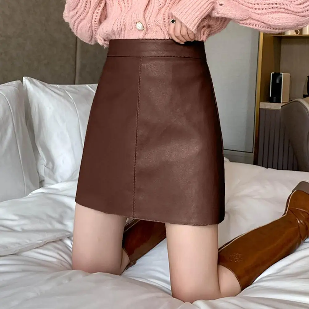 

Women Skirt Faux Leather A-line Sheath Slim High Waist Double Layers Inner Lining Anti-exposure Mini Skirt