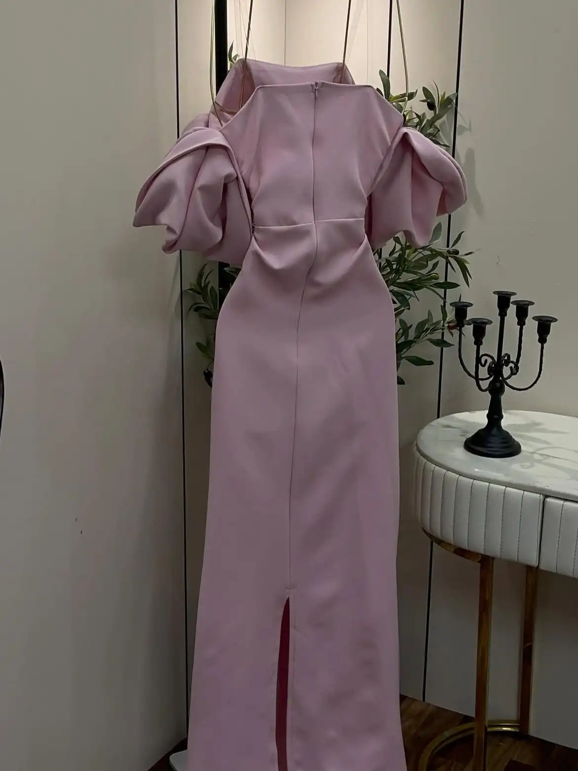 Light Pink Evening Maxi Gown Square Neck With Puff Cap Sleeves Waist Decorated With Teardrop Shape Gradient Beaded Applique Long
