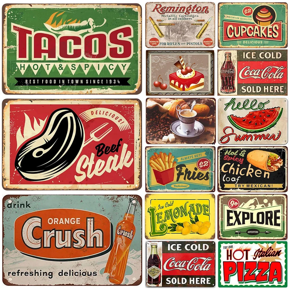 Tacos Pilzza Metal Tin Signs Vintage Coffee Kitchen Sign Wall Decor Funny Tin Signs Bar Decorations Coffee Restaurant Art Poster