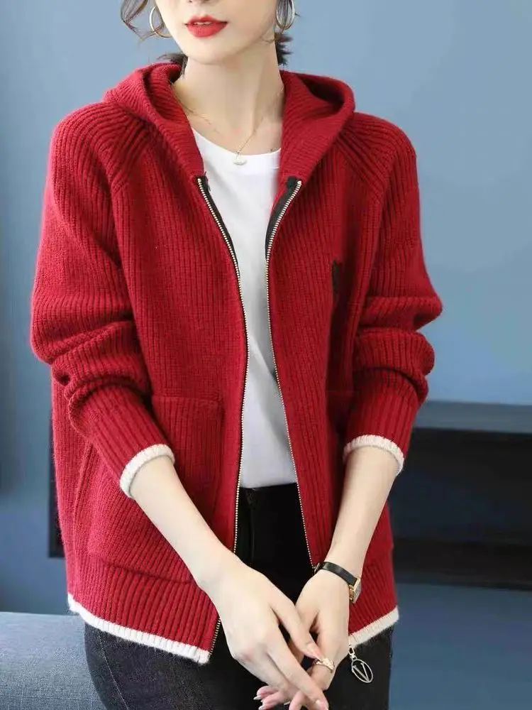 Hooded Jacket with Zipper Cardigan Sweater Embroidered Women's Top Fashionable Hoodie Knitted Sweater