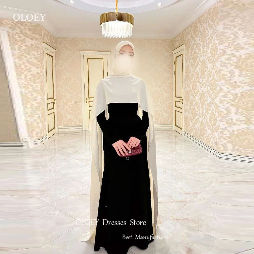 

OLOEY Simple Black And White Muslim Arabic Women Evening Dresses With Jacket Long Sleeves Mermaid Formal Occasion Dress Party