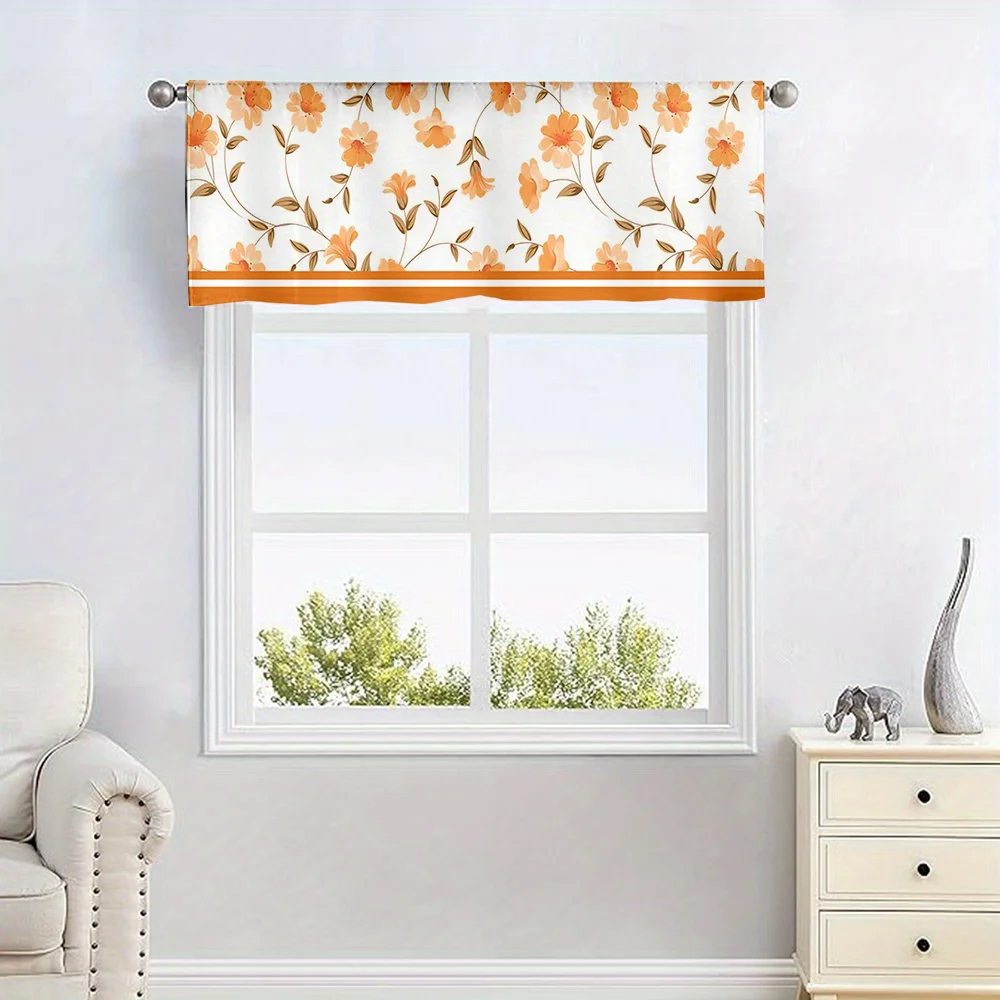 Decorative Kitchen Curtain Set, Orange Floral Vine, Countryside Style, Valance and Short Curtains, Elegant Kitchen Decor