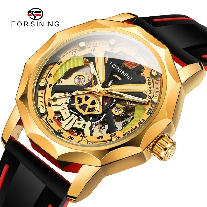 FORSINING H199M Luxury Brand Newest Men's Skeleton Watches Luminous Hand Wind Mechanical Silicone Strap Wrist Watch Reloj Hombre