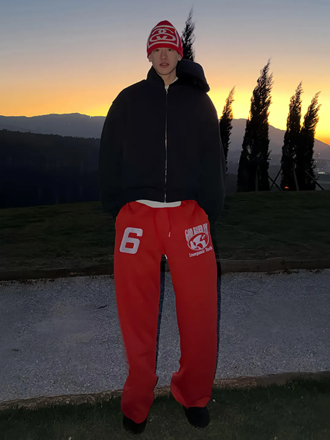 

Red American Embroidery Wide Leg Pants Casual Loose Straight Cut Trousers for Men And Women Spring Hiphop High Street Style