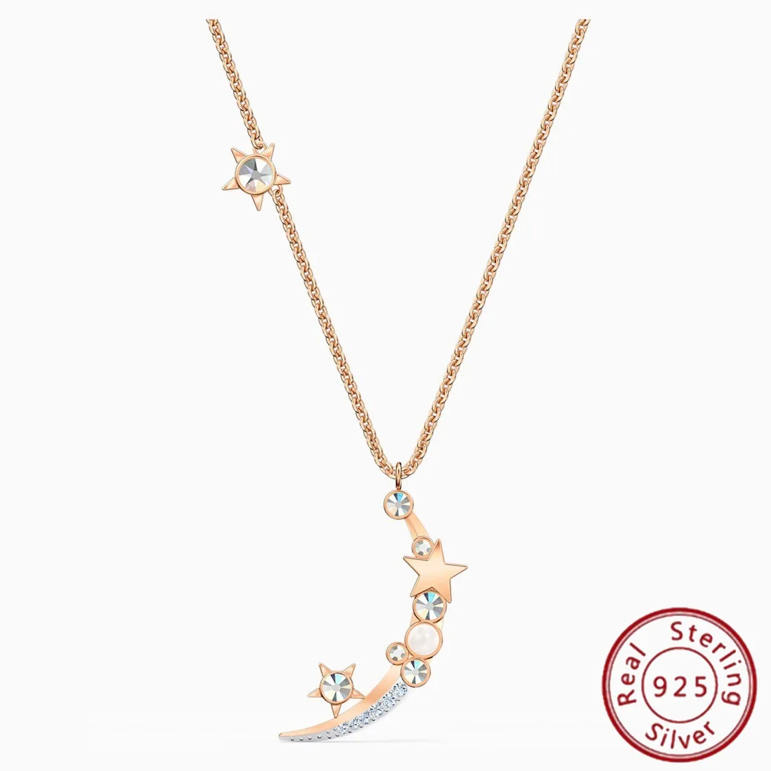 

S925 Sterling Silver Starry Night Honey Language Double-sided Necklace for Women, Crystal Starry Moon Collarbone Chain for Women