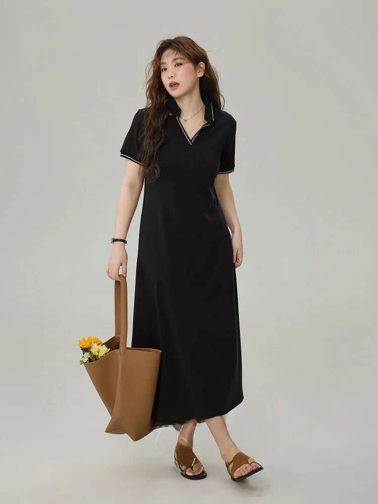 

plus Size Casual Neck Long Dress A-Line Waist Cinched Short Sleeve High Waist Commute Style Korean Fashion Summer New