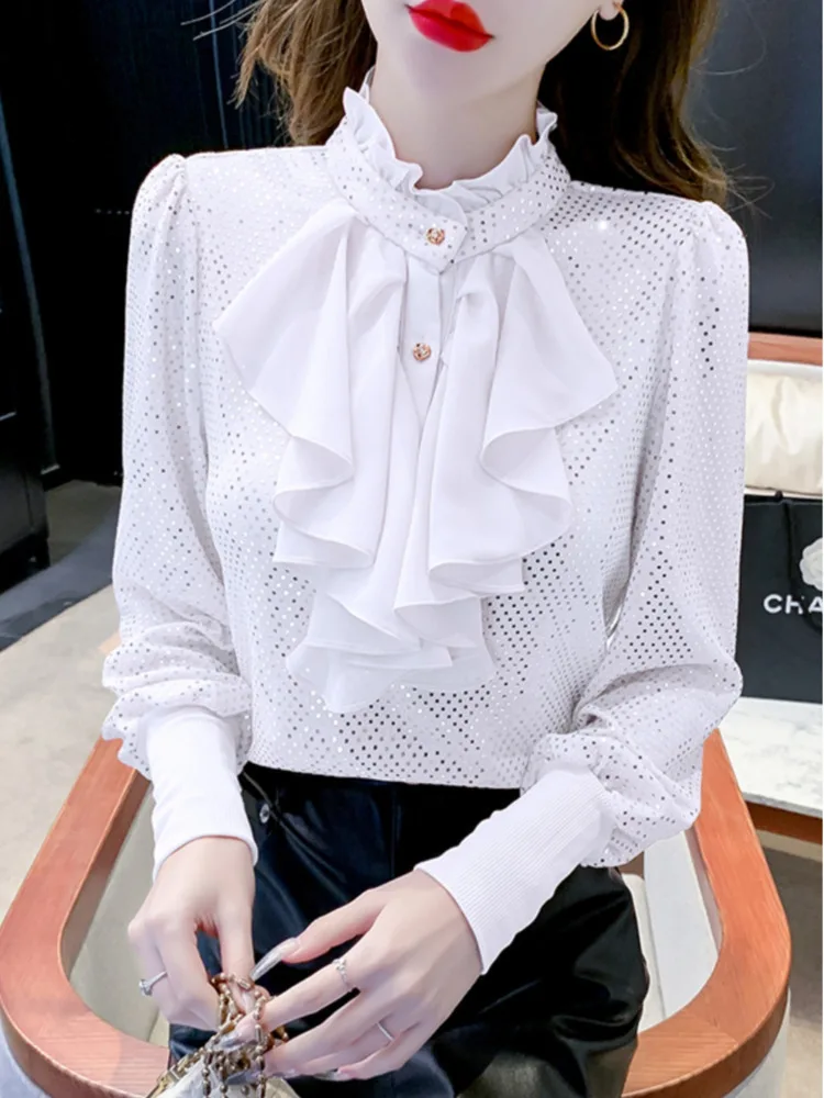 #3130 Black White Pink Sequined Shirt Stand Ruffled Collar Office Blouse Femme Long Sleeve Slim Spliced Ruffles Women Blouses