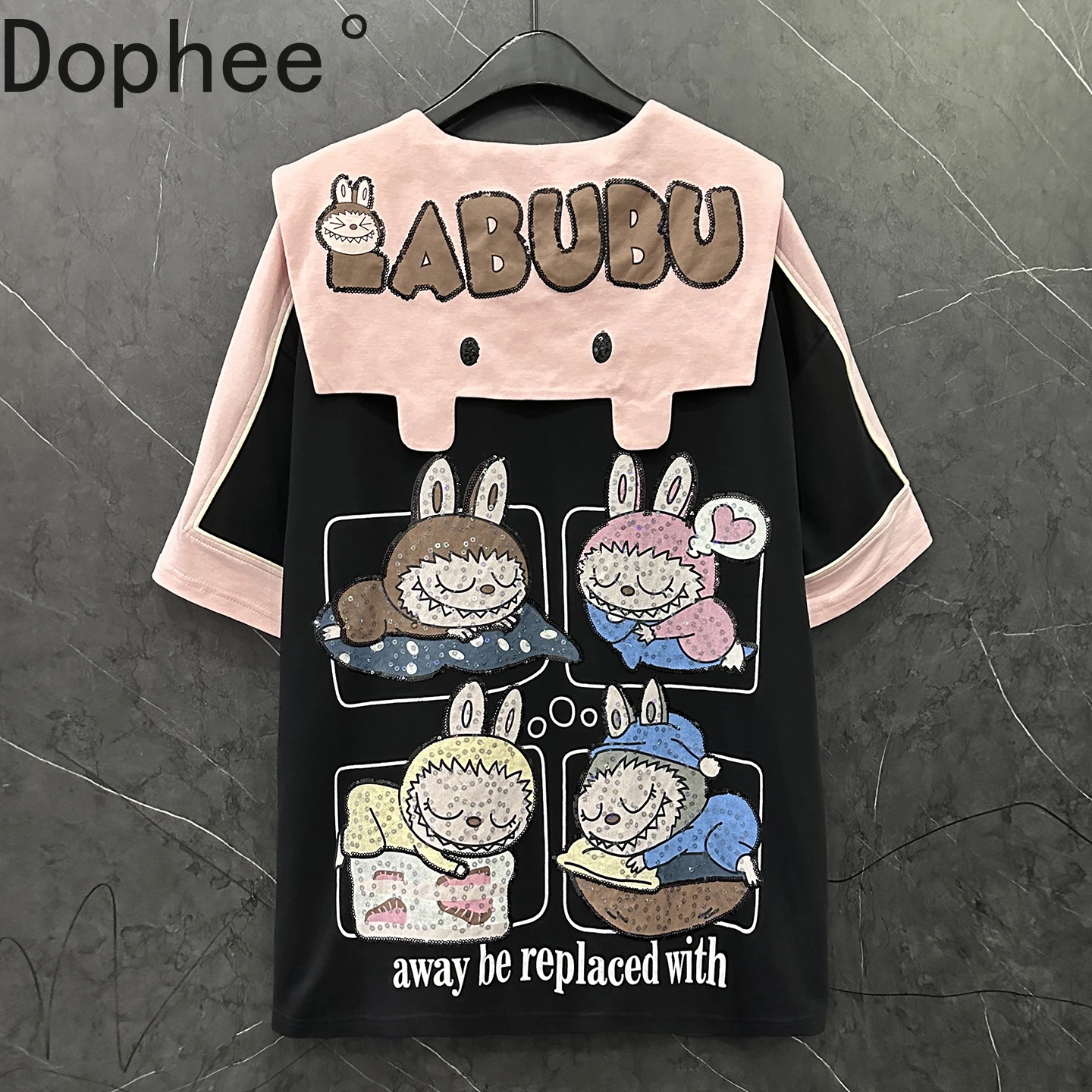 

2025 New Autumn Fashion Colorblock Short Sleeve T-shirt Cute Navy Collar Loose Pullover Top Cartoon Printed Mid-long Casual Tees
