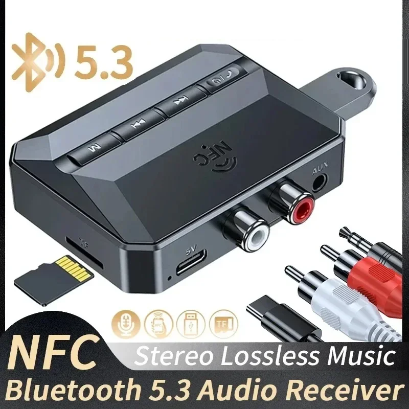 NFC Bluetooth 5.3 เครื่องรับสัญญาณเสียง 3.5 มม.AUX RCA USB U-Disk/TF ไฮไฟสเตอริโอเพลงอะแดปเตอร์ไร้สายพร้อมไมโครโฟนสําหรับรถชุดลําโพง AMP
