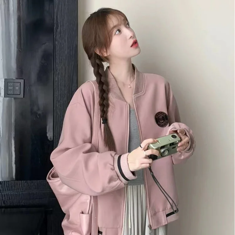 

Pink American Sle Baseball Jaet ort Women's Faion Slimming Spring Autumn Hong Kong Flavor Casual Wear UV Protection