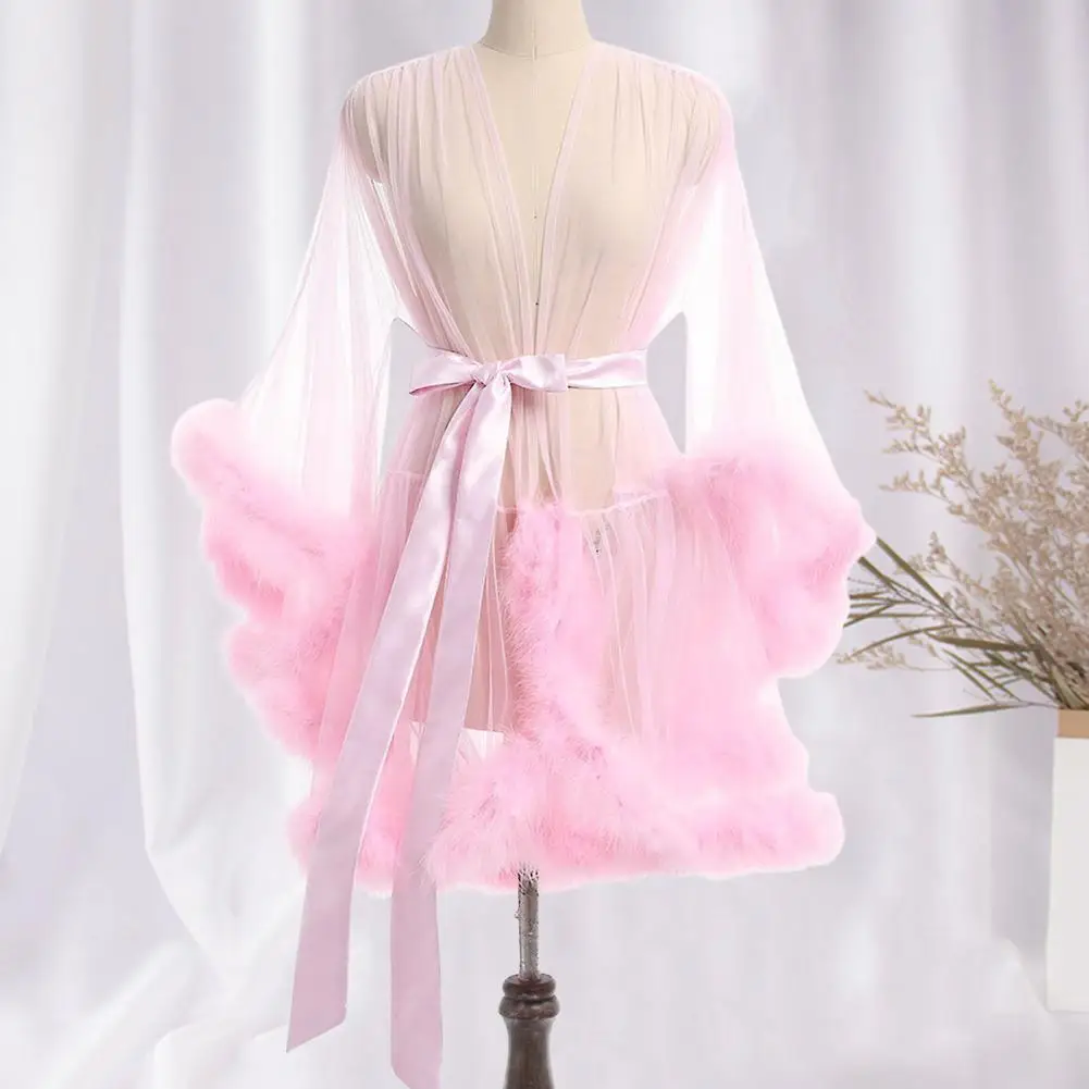 New Wedding Pajama Bath Dress Women Sexy V Neck Sequins Glitter Mesh See Through Nightgown Plush Fluffy Sleeve Sleepwear Robe