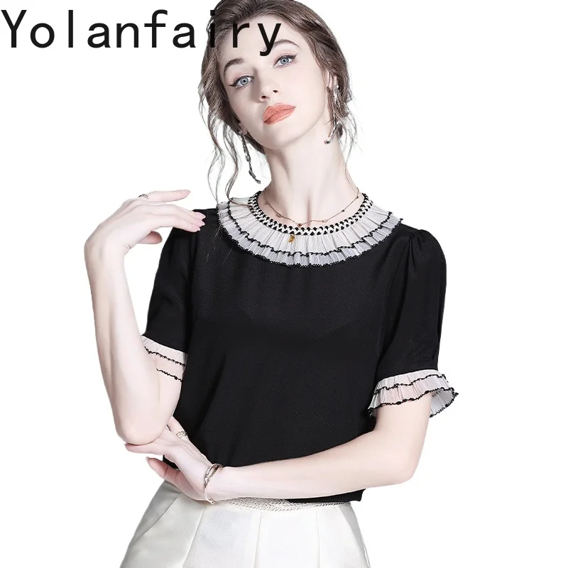 

YOLANFAIRY New High Quality 100% Real Mulberry Silk T Shirts Woman Summer 2025 Elegant Womens Top Ruffled Black Tee Shirt Femme