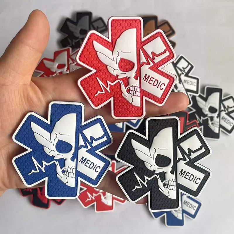 PVC Rubber Medic Cross Badges,Paramedic Skull Morale Applique Tactical Patches With Hook, Military Stickers Rescue Emblem