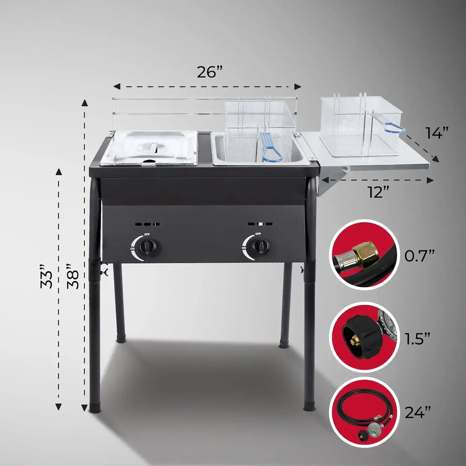 Two Tank Outdoor Deep Fryer with Baskets | Propane Deep Fryer with 2 Stainless Steel Basket & Lid Covers | Large Oil Tank