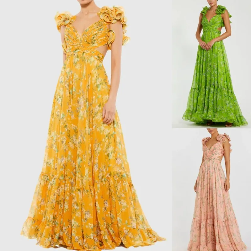 V-Ausschnitt Ärmelloses Urlaubskleid mit Blumenmuster, Rüschen und Trägern, Brautjungfernkleid, Elegantes Damenkleid mit Hohlmuster und Falten, Langes Kleid