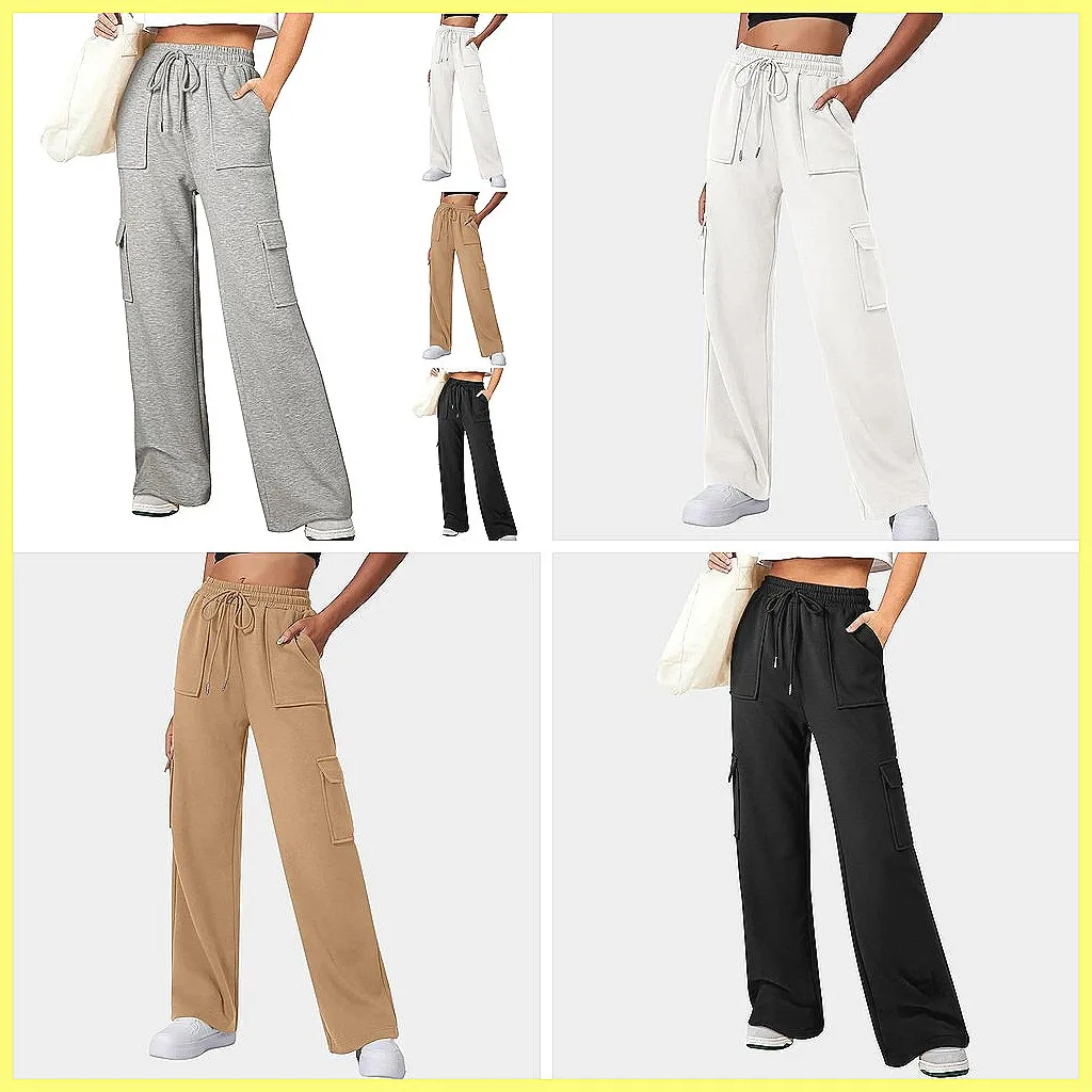

Women's High Waist Cargo Sweatpants, Retro Wide Leg Baggy Pants with Drawstring