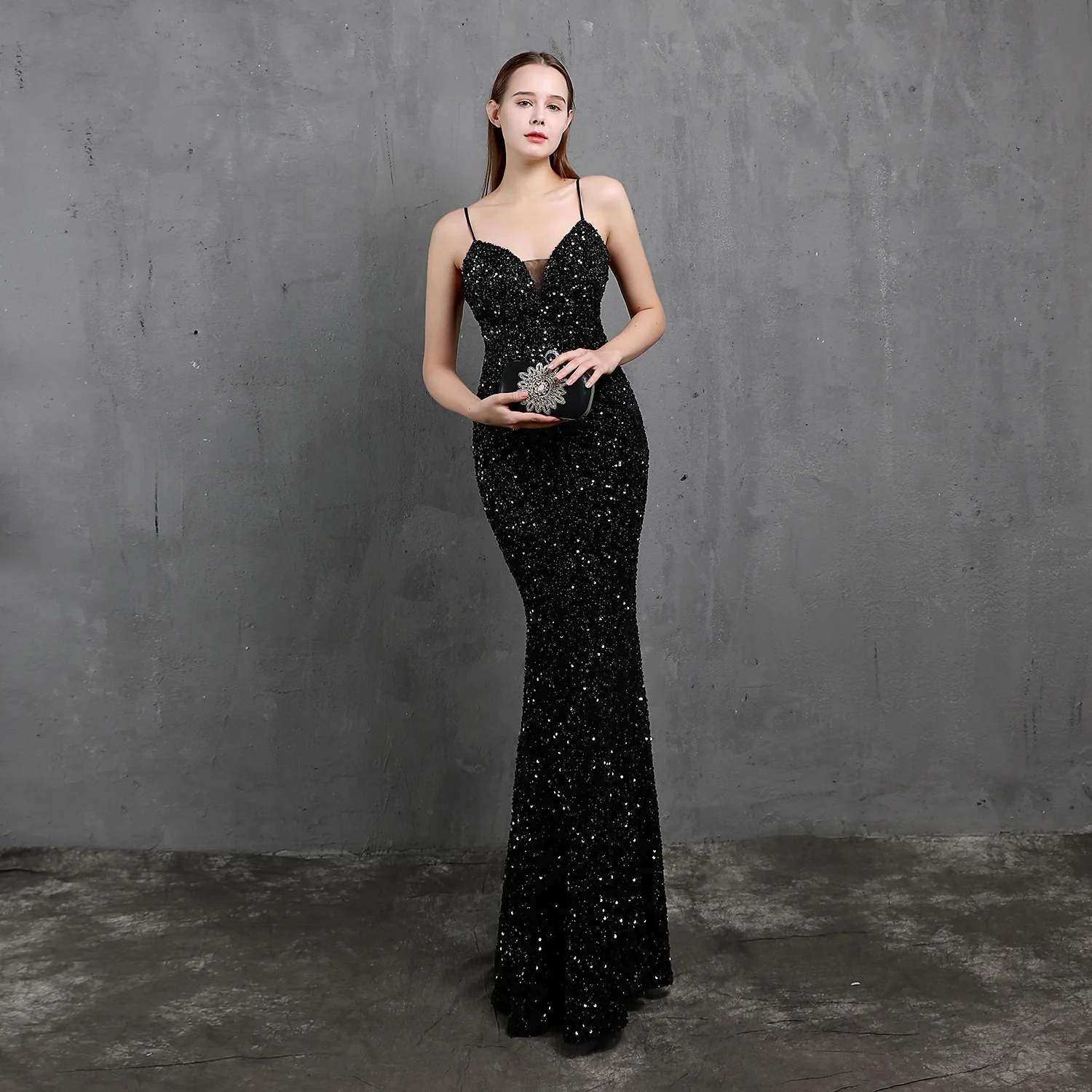 Evening Dress Black Sequins Stretchy Sgaphetti Straps Zipper Back Mermaid Trumpet Floor Length Women Party Formal Gowns YE119