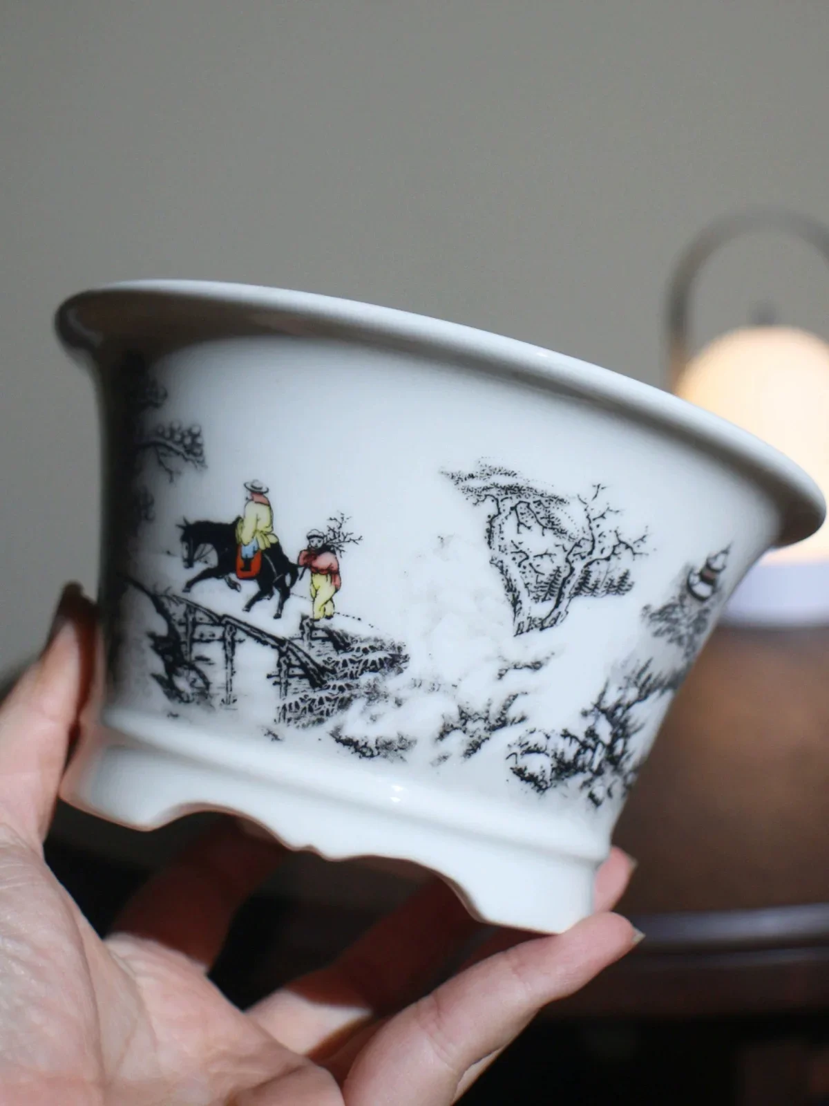 Porcelain Circle Bonsai Pot, Porcelain Painting, Chinese Pattern,Dormitory Table,Cubicles Desk,Room Garden Decoration