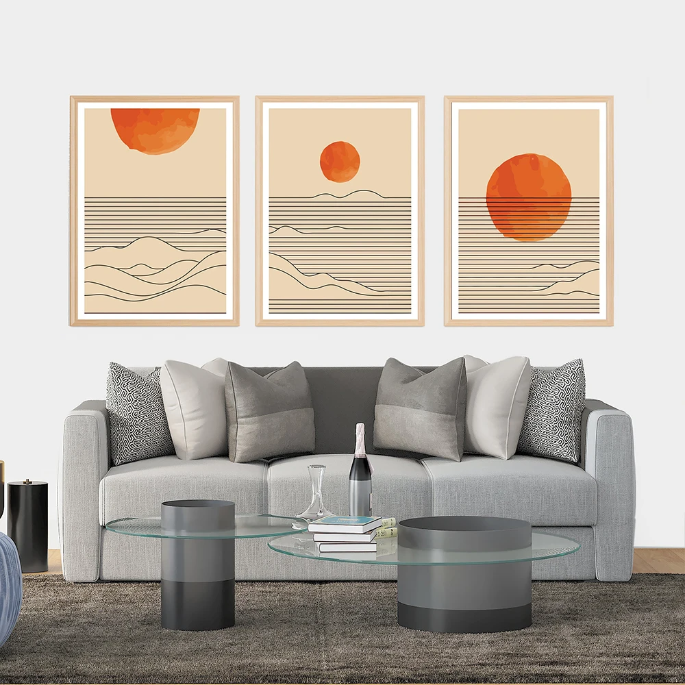 Burnt Orange Sunset Sea Wave Line Canvas Painting Boho Sunrise Posters And Prints Wall Art Pictures For Living Room Home Decor