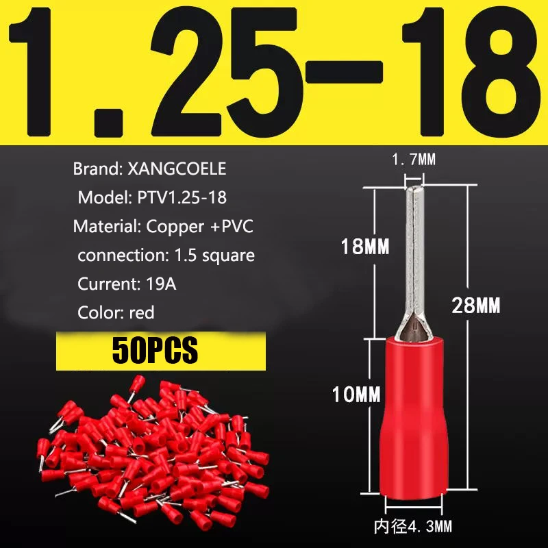 100/50/25 Stück PTV1.25/2/5.5-10-13-18 isolierte, kaltgepresste Anschlussklemmen mit Drahtanschlussstift – Detail 7