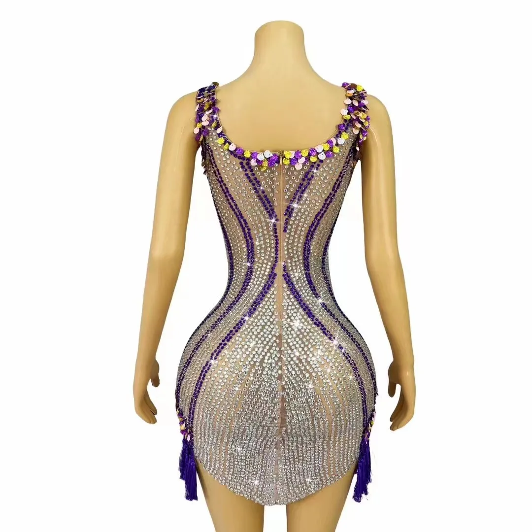 Sexy Silver Purple Rhinestones Sequins Shells Tassels Sleeveless Dress Birthday Women Singer Performance Photoshoot Costume