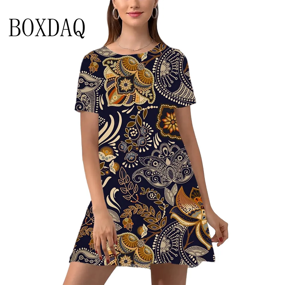 

2024 Short Sleeve Women New Dress Summer Pullover Vintage Flower Print Mini Dress Casual Retro O-Neck Female Plus Size Clothing