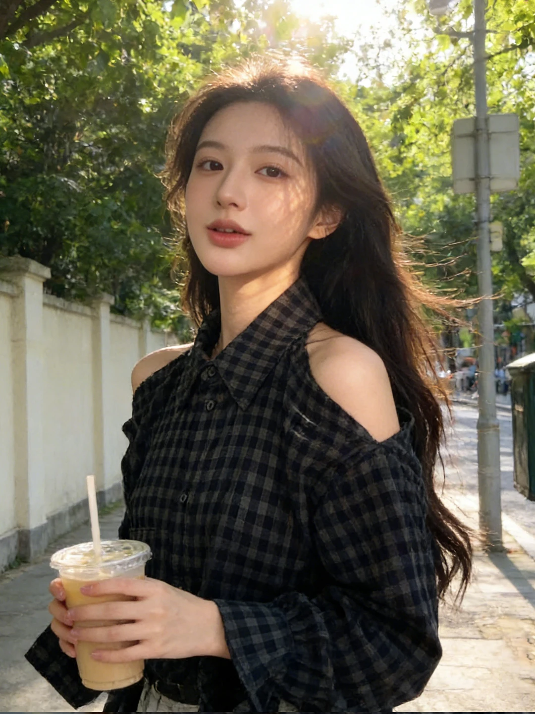 

French Style Collar Plaid off Shoulder Long Sleeve Women's Shirt Breathable Lightweight Cotton Polyester Spring New
