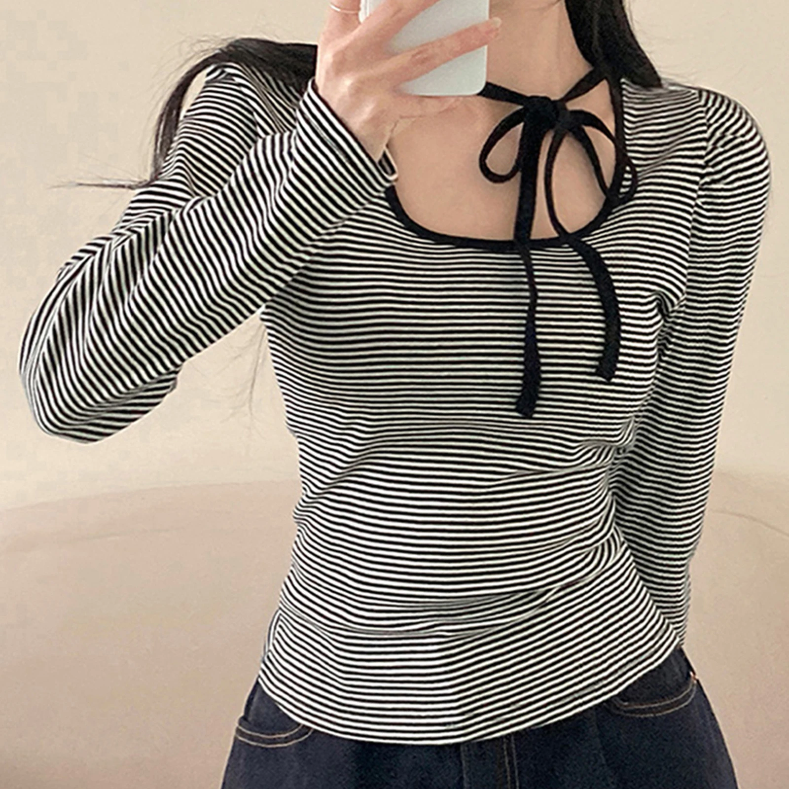 Dames tie-up patchwork tops met lange mouwen vierkante hals strepen print slim fit shirts lente herfst blouses