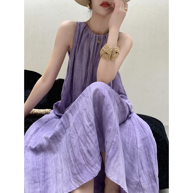 

Women Purple Sleeveless Dresses Female Summer Celebrity Lazy Style Loose Temperament Holiday Clothing Pleats Retro High Waist