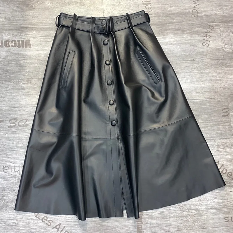 

High Quality First Layer Sheepskin Women Real Leather Skirt Elegant Large Swing Button Belt Female A-line Leather Umbrella Skirt