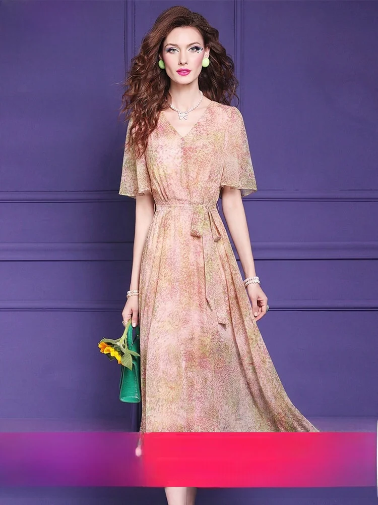 

Sweet Floral Print Women's Dress Short Sleeve A-Line Skirt High Waist V-Neck Polyester Fiber Fairy Tale like Summer Dress