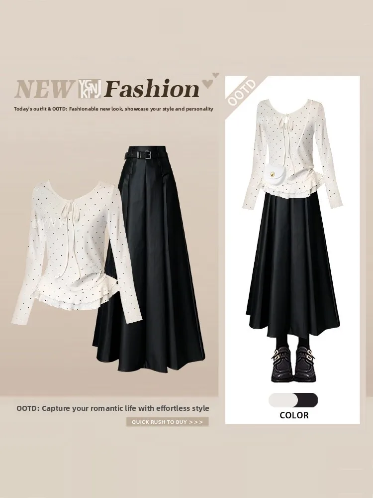 

Белый комплект из двух предметов: футболка в горошек с круглым вырезом и облегающая юбка с завышенной талией. Весенняя мода. Женские наряды.