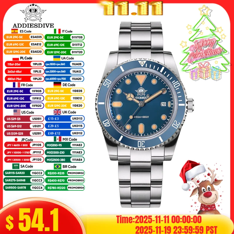 

ADDIESDIVE Watch For Men's reloj hombre BGW9 Blue Luminous AD2501 20Bar Waterproof 316L Stainless Steel Quartz Watches