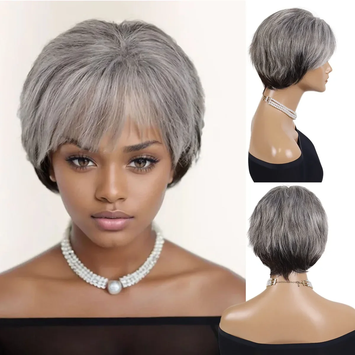 

Synthetic Hair Granny Wig with Bangs Short Grey Wigs for Women Natural Mommy Wigs for Daily Ues Old Lady Costume Halloween Party