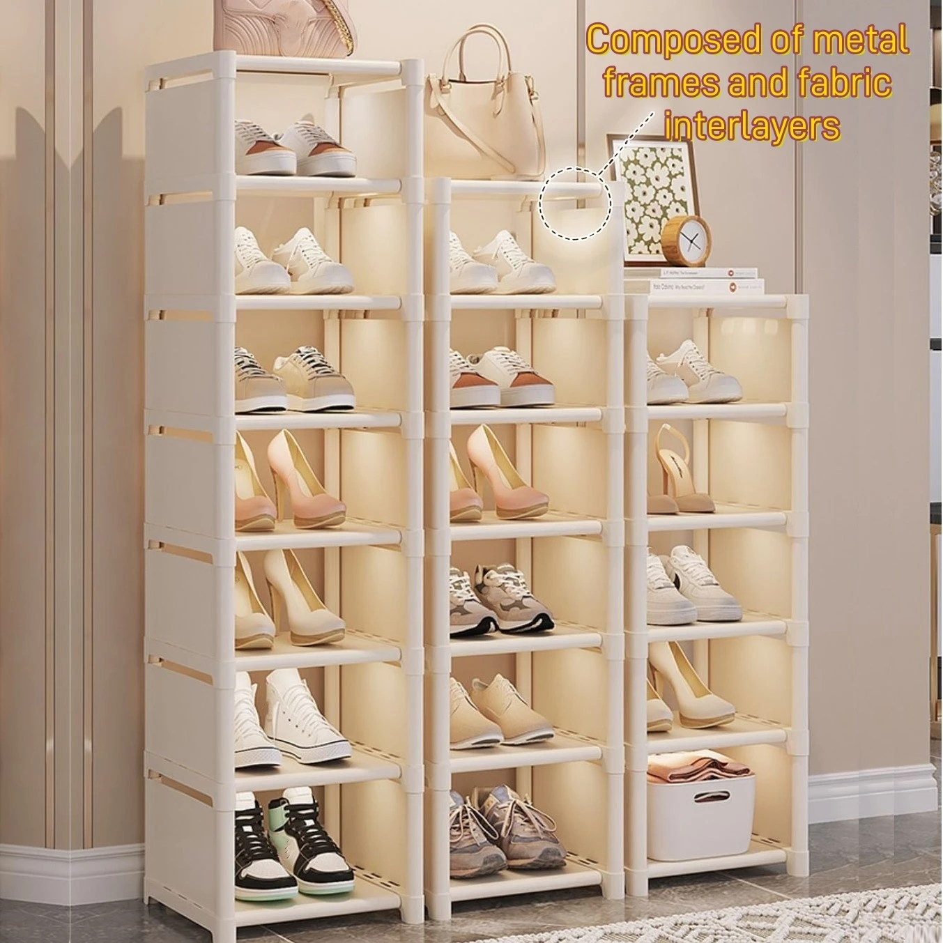 1pc Multi-layer Stackable Shoe Organizer, Metal Frame & Fabric Interlayer Shoe Rack for Entryway Hallway Living Room, T1 Shelf