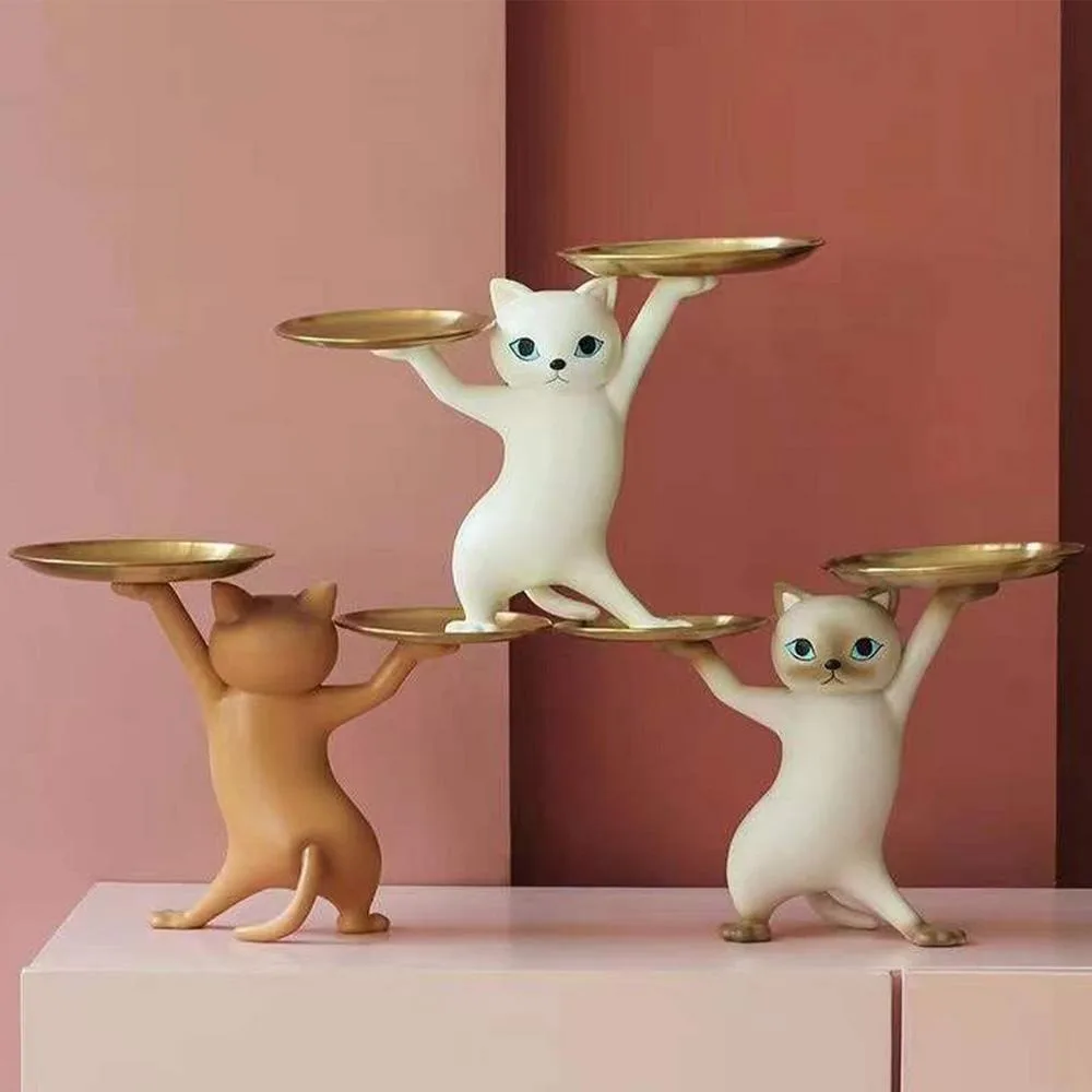 

Resin Decorative Statue Cartoon Animal Ornament Cat Shape Dish Tray Cat Dish Key Holder Container Snack Plate