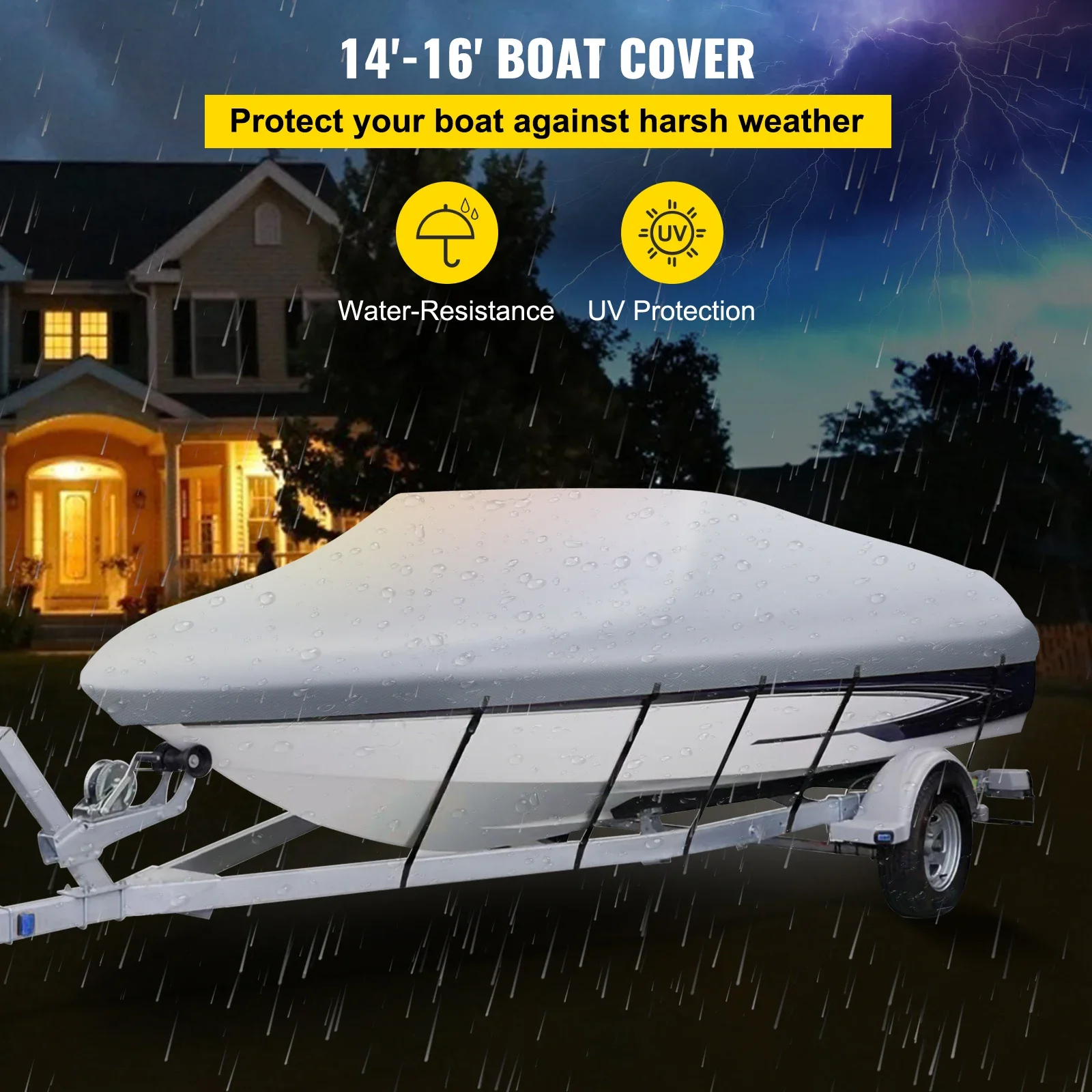 VEVOR 14-28 FT V Hull Boat Cover 3 Layer Oxford Fabric All-Season Protection With Storage Bag and 5Pcs Adjustable Straps