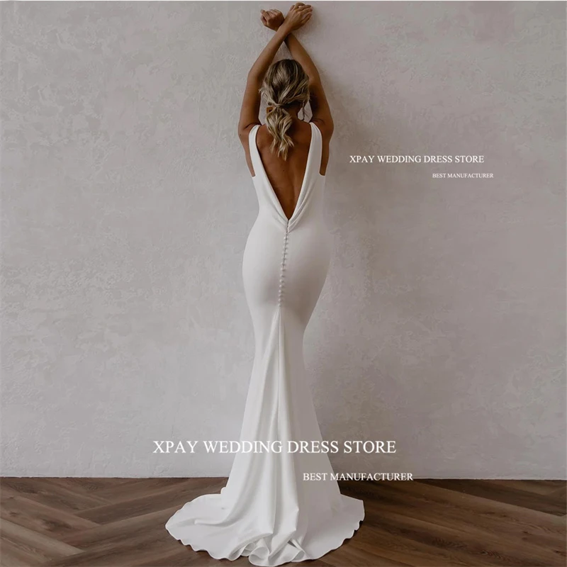 XPAY Simple Stretch Satin Mermaid Wedding Dresses Boho Detachable Train Deep V Neck Crepe Plain Backless Country Bridal Gowns