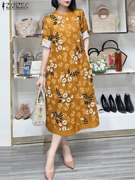 2025 ZANZEA-vestido estampado Floral de verano para mujer, elegante vestido veraniego por debajo de la rodilla con manga 3/4 para trabajo, vestido bohemio elegante para fiesta y vacaciones