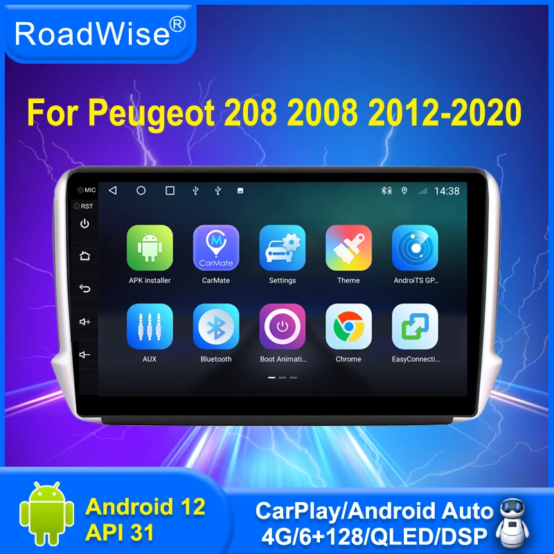 Roadwise 2 din Multimedia Android Car Radio For Peugeot 208 2008 2012 2013 2014 2015 2016 - 2020 4G Wifi GPS DVD BT Carplay 2din