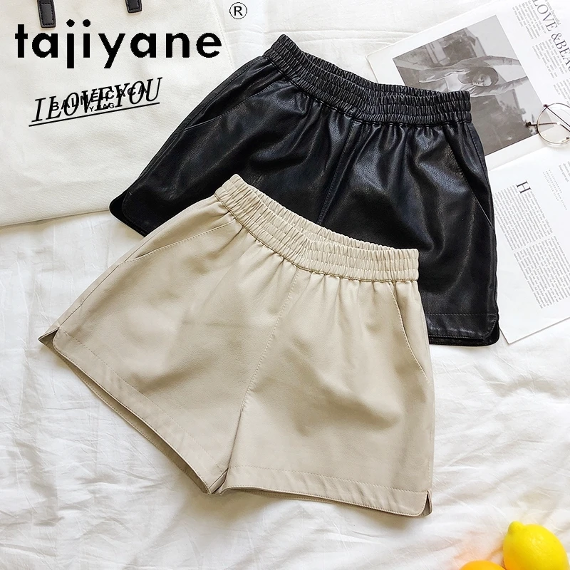 TAJIYANE Lederen Shorts Vrouw Hoge Taille Echte Schapenvacht Baggy Korte Broek Mode Lente Vrouwen Kleding 2025 шорти